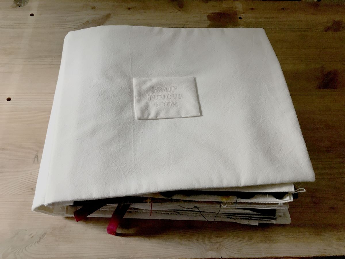 A canvas book laying on a wooden table