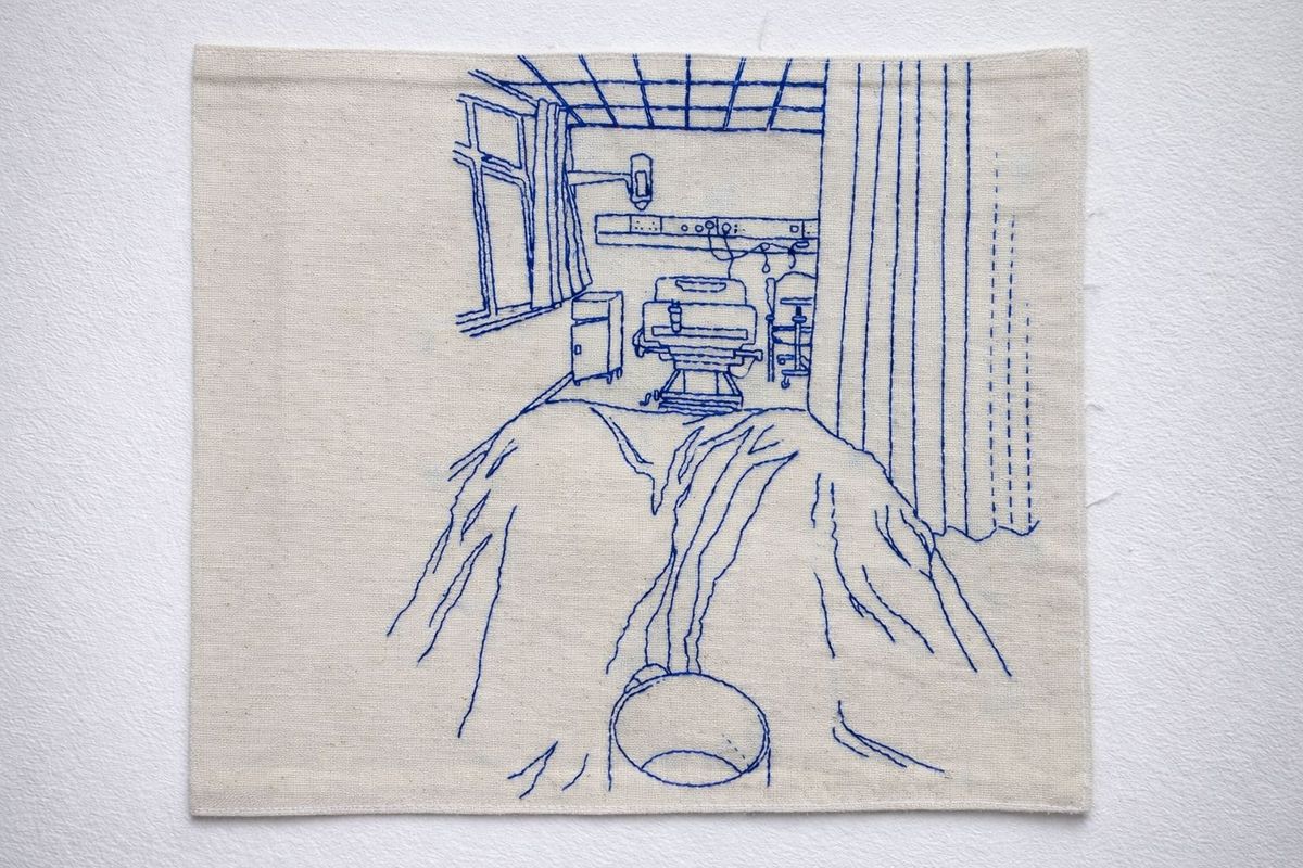 A view from a hospital bed stitched onto canvas