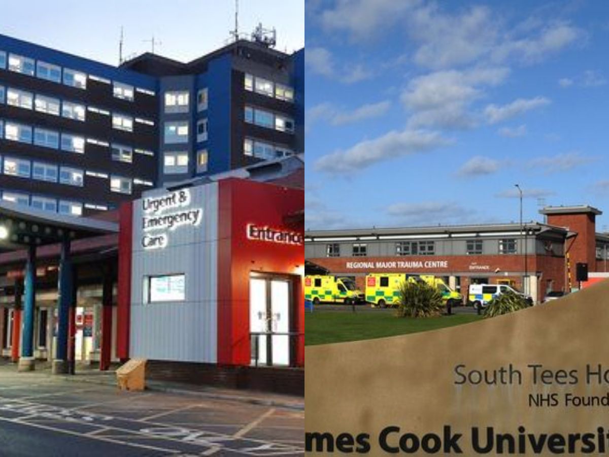 The University Hospital of North Tees in Stockton, part of the North Tees and Hartlepool NHS Foundation Trust, left, and right, The James Cook University Hospital, part of the South Tees Hospitals NHS Foundation Trust. 
