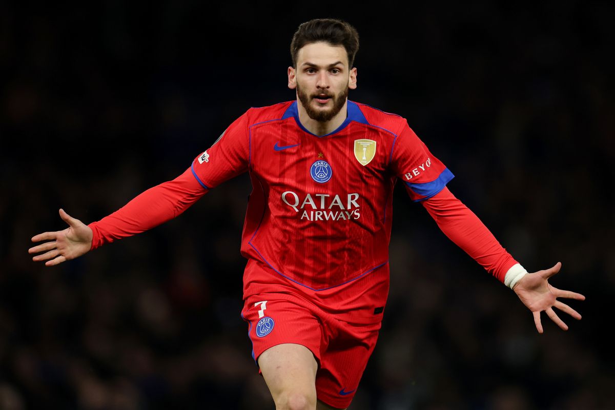 Khvicha Kvaratskhelia celebrates after scoring a goal for Paris Saint-Germain