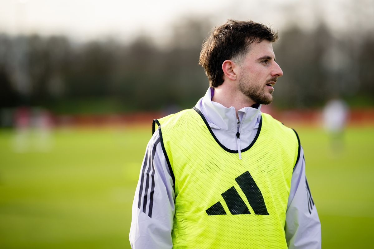 Mason Mount of Manchester United in action during a first team training session at Carrington Training Ground