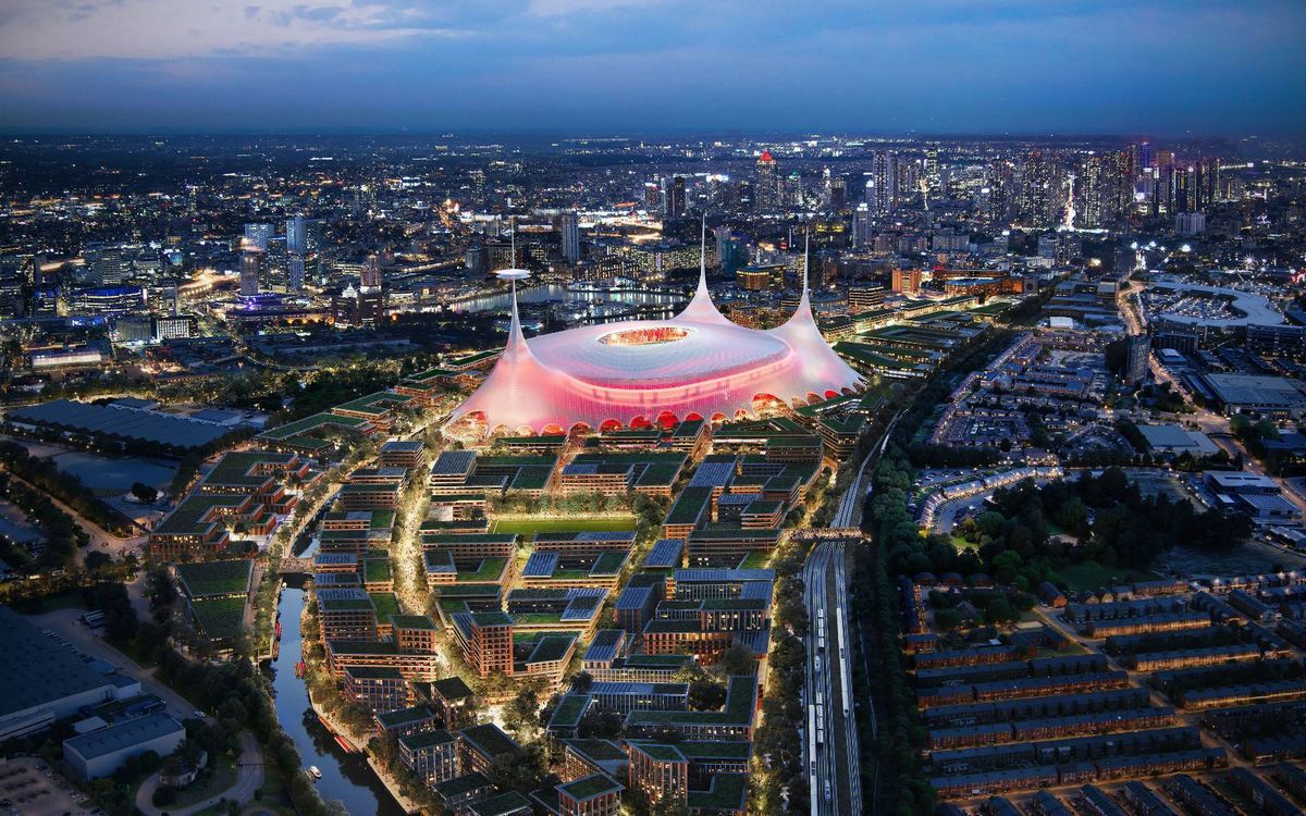 An aerial view of a bustling cityscape at dusk, showcasing a prominent stadium illuminated with vibrant lights against a twilight sky, surrounded by an intricate network of roads and buildings.
