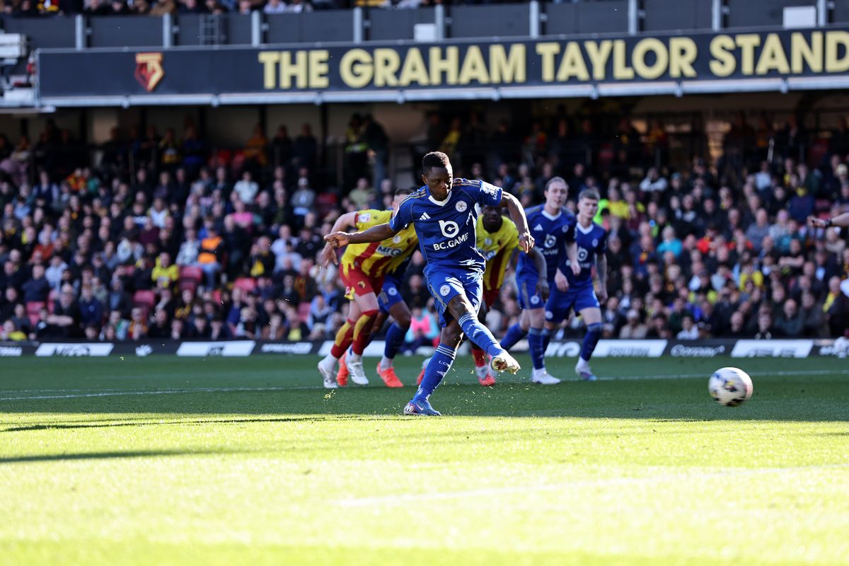 Patson Daka's penalty hit the post during the Sky Bet Championship match between Watford and Leicester City at Vicarage Road
