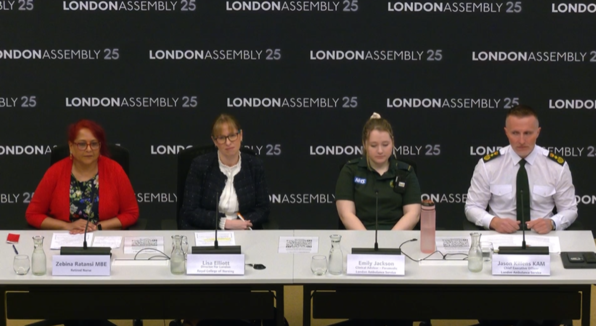Dr Lisa Elliott (second from left) speaking to the London Assembly Health Committee, sitting alongside three others at a desk