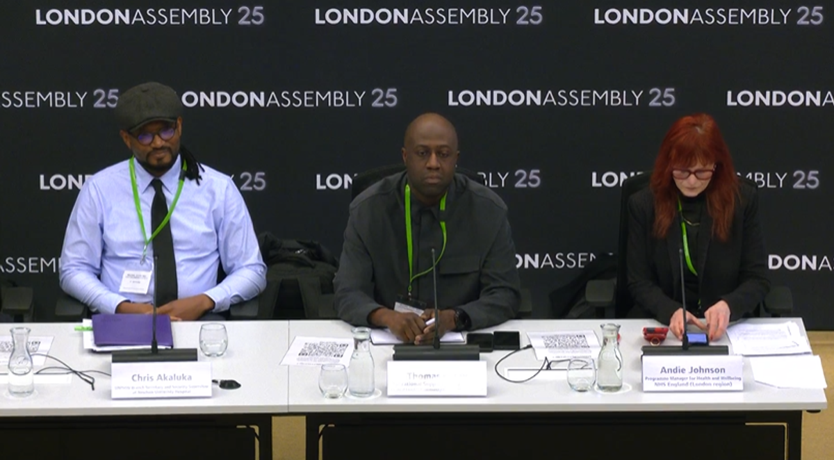 Three people sat at a desk at the London Assembly Health Committee