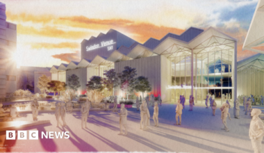 Concept art showing a venue with people walking outside and foliage.