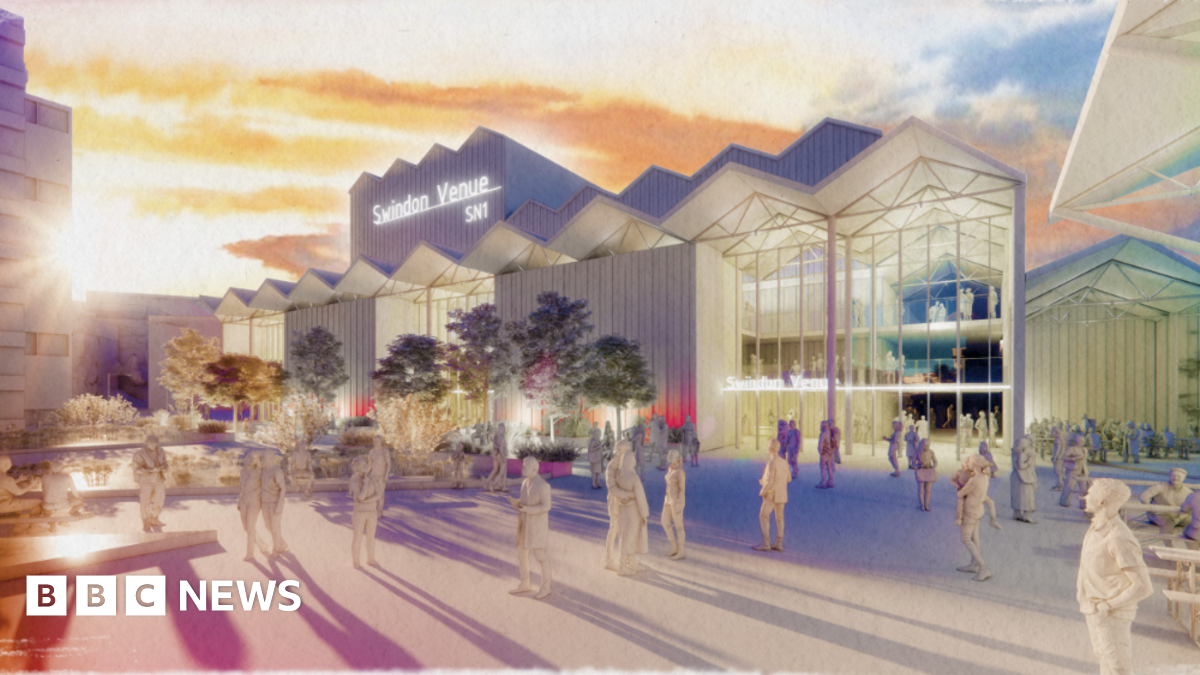 Concept art showing a venue with people walking outside and foliage.