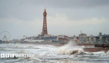 Strong winds whipping up waves at Blackpool