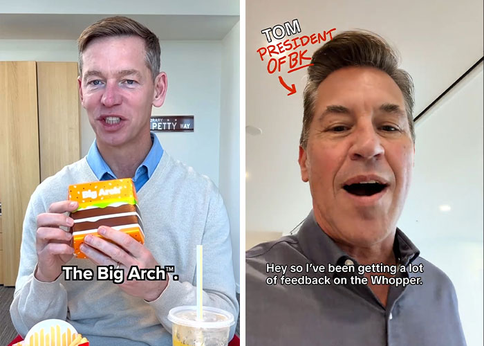 Burger King boss biting into Whopper in video sparking comparisons to McDonald's CEO viral moment. Burger King boss biting into Whopper in video sparking comparisons to McDonald's CEO viral moment.