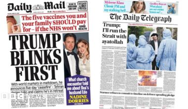 The headline on the front page of the Daily Telegraph reads: "Trump: I'll run the Strait with ayatollah."