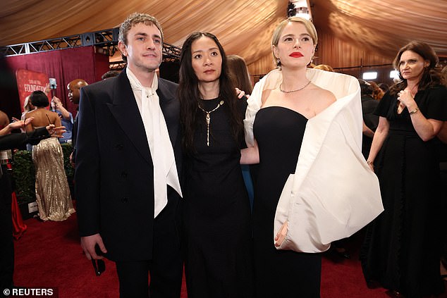 As well as both top acting gongs the movie is also nominated for the coveted Cast In A Motion Picture Award (pictured with Hamnet director Chloe Zhao)