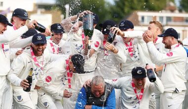 Sussex players celebrate promotion in September 2024. Last season they finished fourth in Division One but will start the new season on minus 12 points because of financial problems