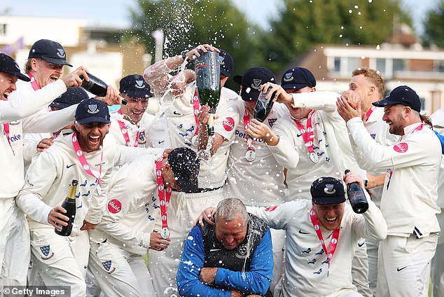 Sussex players celebrate promotion in September 2024. Last season they finished fourth in Division One but will start the new season on minus 12 points because of financial problems