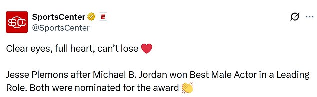 Fans were thrilled to see Plemons rooting on Jordan after the latter won the award they were both competing for