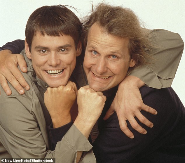 Best known for iconic 2000s roles in movies such as The Grinch and Bruce Almighty, the now 64-year-old Carrey has opted for a decidedly more reclusive life in recent years (pictured, left, in 1994 movie Dumb and Dumber)