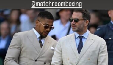 Anthony Joshua (left) took to Instagram on Tuesday to lend his support for Eddie Hearn (right) after Conor Benn left his Matchroom Boxing for rivals Zuffa Boxing last month