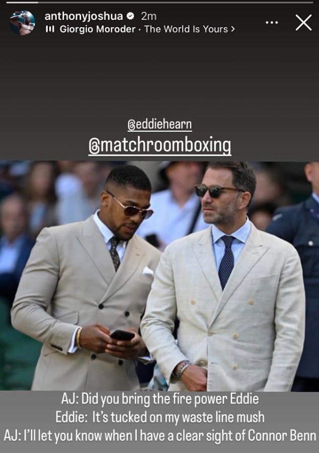 Anthony Joshua (left) took to Instagram on Tuesday to lend his support for Eddie Hearn (right) after Conor Benn left his Matchroom Boxing for rivals Zuffa Boxing last month