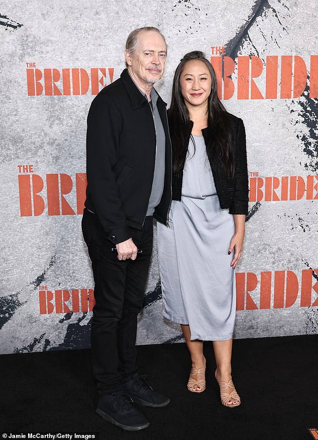 Wednesday actor Steve Buscemi and his much younger second wife Karen Ho coordinated in black and grey looks for the premiere.