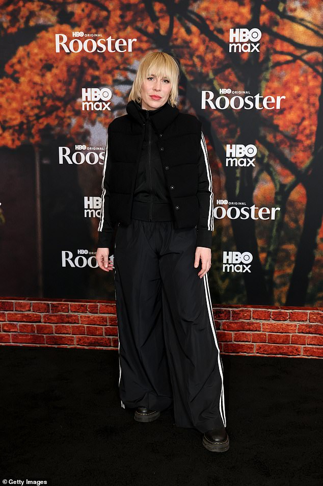 Natasha Bedingfield looked cool and casual in a fuzzy black jacket with baggy black striped pants and clunky black platform boots