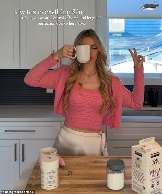 She has also swapped plastic containers for glass, ditched non-stick cookware, uses wooden utensils and has transitioned to what she calls a 'low-tox' beauty and cleaning routine