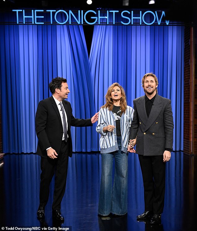 Both Gosling and Mendes held big smiles on their faces while cozying up together as they received a warm welcome from Fallon and the live audience