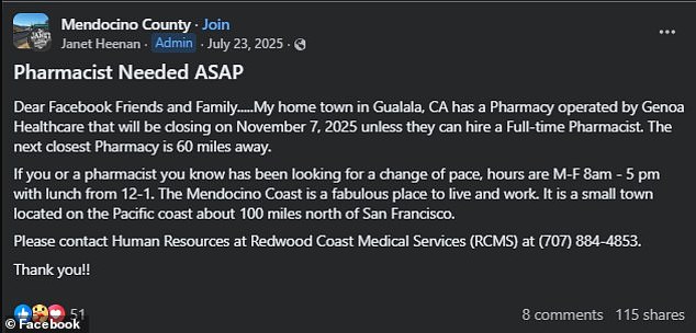 Facebook post from July 2025 offering a job to a pharmacist who can relocate to Gualala