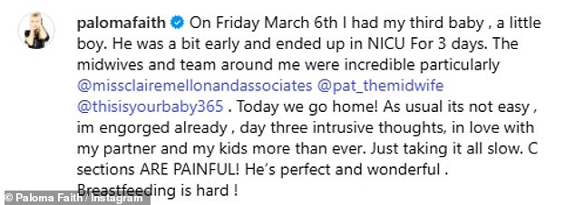 Uploading a snap of her holding the newborn's hand, Paloma, who shares her two older children with her ex Leyman Lahcine, added a caption reading: 'On Friday March 6th I had my third baby , a little boy'