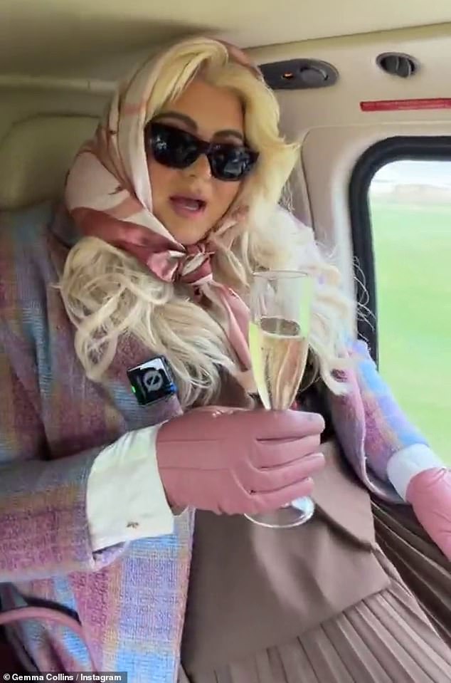 Gemma arrived via helicopter while drinking champagne with an elegant silk scarf wrapped around her coiffed locks