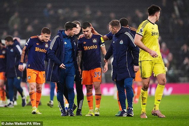 If Newcastle make it past Barcelona next week, there is every chance Bruno Guimaraes (centre) could feature in a quarter-final first leg on April 7/8