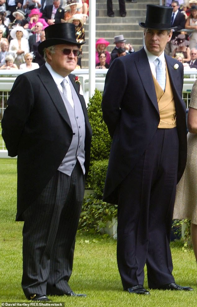 Andrew with David Rowland at Ascot. The Mail on Sunday revealed last week how the ex-Duke of York pushed for his daughters to receive £100,000 – in secret payments from the controversial billionaire friend of their father, who was once described in Parliament as a ‘shady financier’