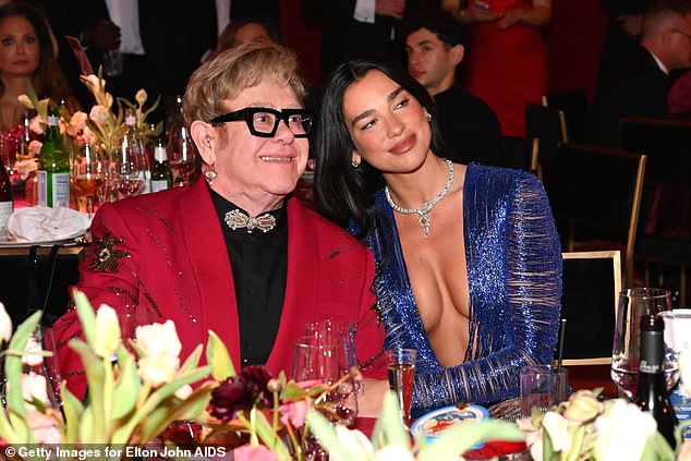 The One Kiss hitmaker and the actor were among the stars in attendance for the hitmaker's annual bash, which raises money for his AIDS foundation (Dua pictured with Elton)