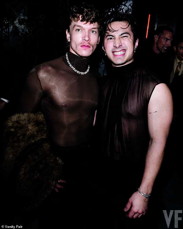 Heated Rivalry stars Connor Storrie and Hudson Williams also attended the afterparty, with both of them opting for dramatic sheer tops, black pants, and shiny black shoes