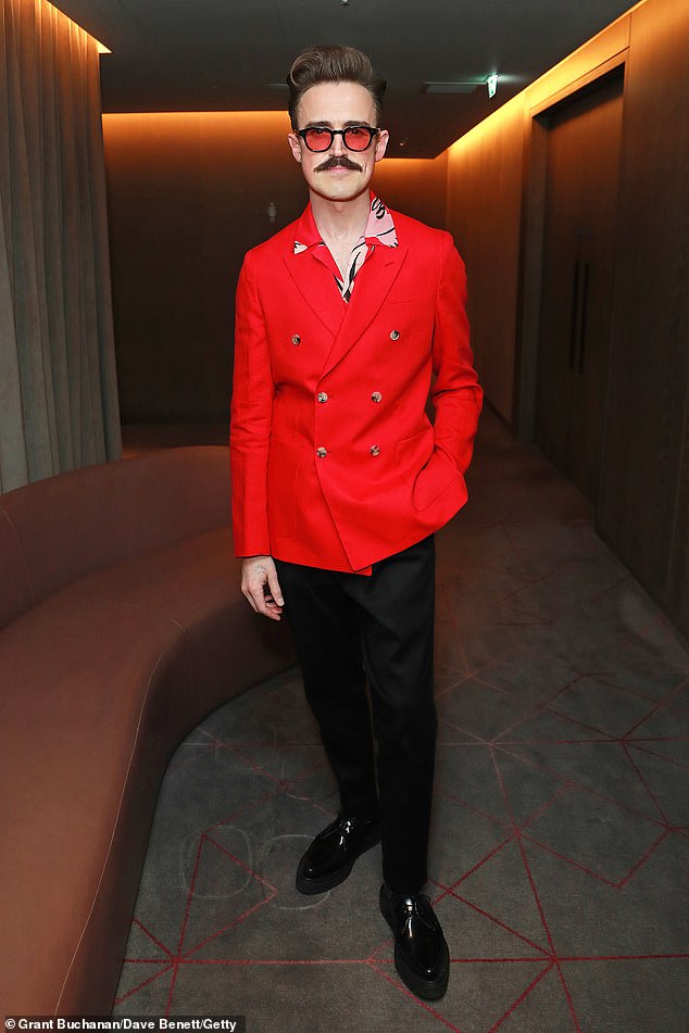 Tom Fletcher, 40, debuted a moustache as he attended the glitzy Olivier Awards nominees tea party, held at The Londoner Hotel on Friday