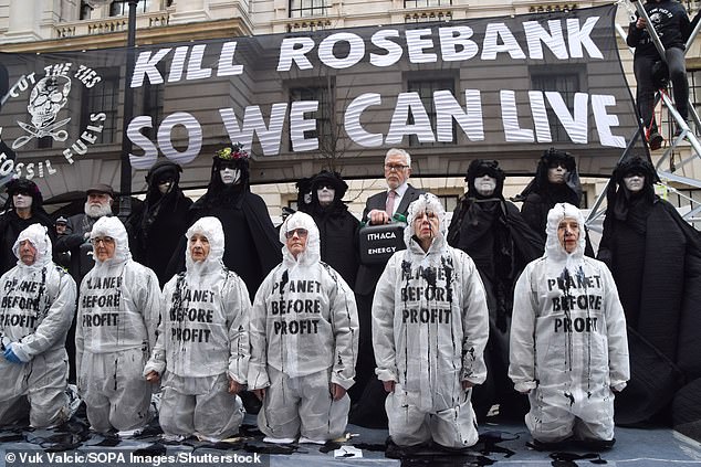 Climate activists protest against the Rosebank oil and gas field in the North Sea. Miliband once described Rosebank as ¿climate vandalism¿