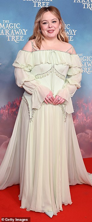 Nicola Coughlan, 38, put on an ethereal display in a green dress as she joined her co-star Claire Foy at the UK screening of The Magic Faraway Tree in London