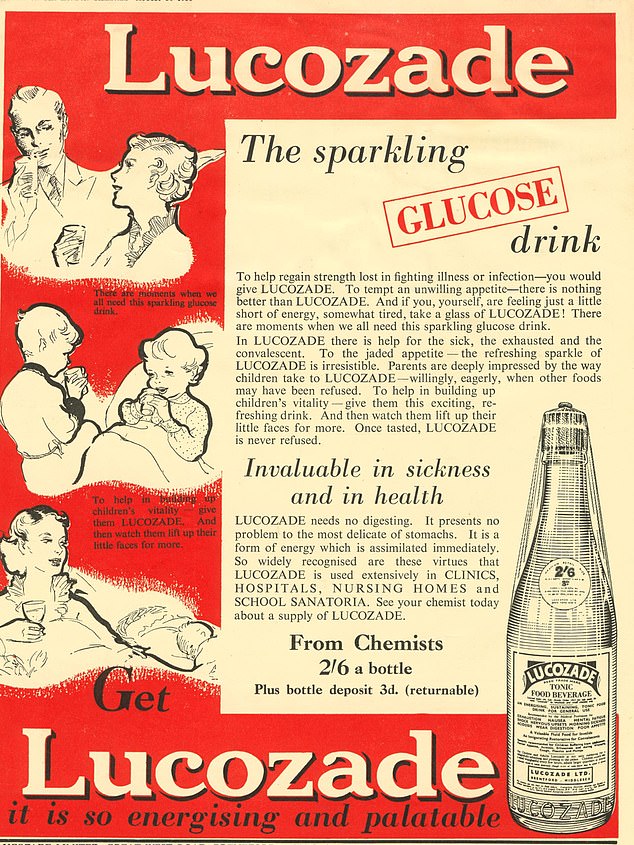 Lucozade was original developed in 1920s and sold in chemists as a recovery aid. Above is a 1950s advert for the drink, which came in a glass bottle