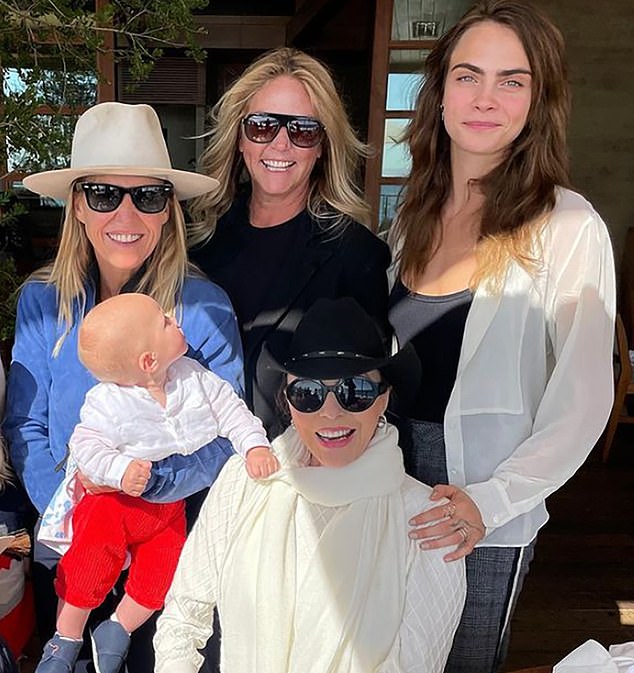 Home on the ranch: Alice (centre), Ann (left) and Cara Delevingne with Joan Collins in front