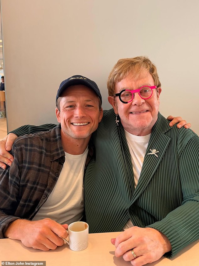 Elton John has reunited with Taron Egerton as he praised his husband for the 'brilliant birthday surprise' on his 79th birthday
