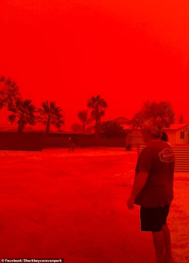 Shark Bay Caravan Park in Exmouth shared footage of the red dust (pictured)