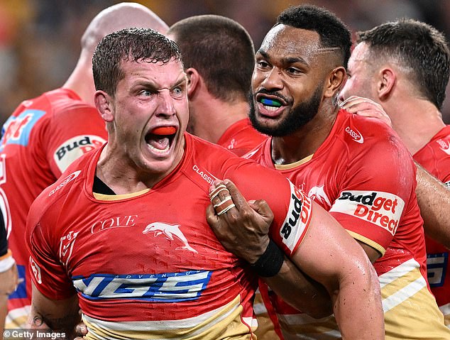 The forward who played six Origin games for Queensland saw him weight balloon past 130kg - and that was when Shannon stepped in (pictured, after scoring a try for the Dolphins in 2023)