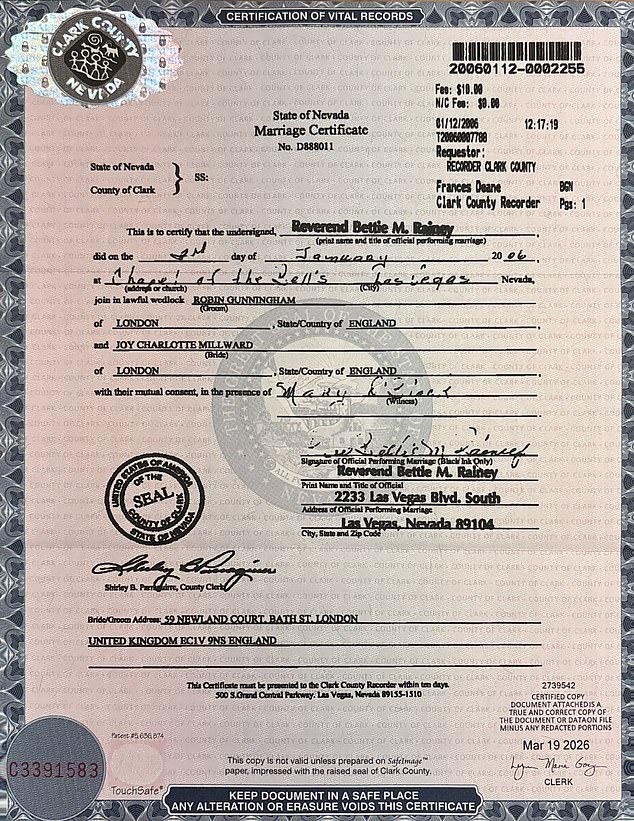 The elusive Banksy is actually former public schoolboy Robin Gunningham. His marriage certificate shows he tied the knot with political researcher Joy Millward in Las Vegas in 2006