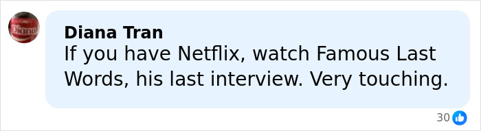 Comment by Diana Tran recommending Netflix's Famous Last Words, mentioning Eric Dane’s cause of passing in the discussion.