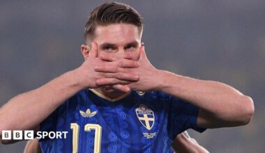 Fisnik Asllani celebrates after the 2026 World Cup European qualification semi-final play-off between Slovakia and Kosovo in Bratislava