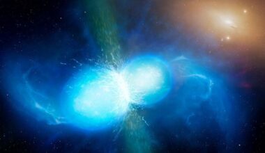 This artist's illustration shows a pair of merging neutron stars. These mergers result in kilonova explosions, and leave behind either a more massive neutron star or a black hole. Researchers used supercomputers to simulate this type of event observe the pair's magnetic fields as they become intertwined, and what type of electromagnetic signals they emit. Image Credit: By University of Warwick/Mark Garlick, CC BY 4.0, https://commons.wikimedia.org/w/index.php?curid=63436916