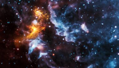 A pulsar, known as PSR B1509−58 lies at the heart of this nebula. X-rays from Chandra are gold; infrared from WISE in red, green and blue (Credit : NASA/CXC/SAO (X-Ray); NASA/JPL-Caltech (Infrared))