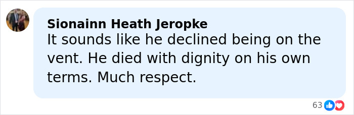 Comment discussing Eric Dane’s cause of passing, mentioning dignity and respect after his heartbreaking loss.