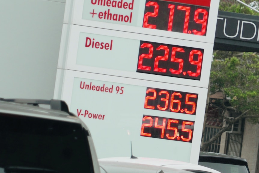 A fuel price sign showing $2.25