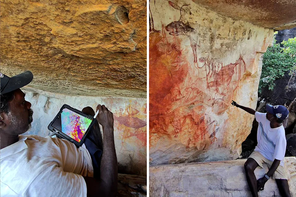 Left: Close up of Joey Nganjmirra inside a cave holding a tablet and looking at rock art. Right: The same man pointing at rock art in a cave.