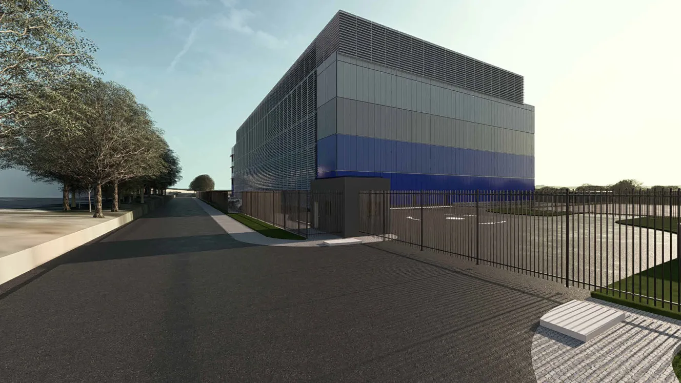 Illustration of the proposed Nscale Data Centre in Loughton, Essex, a large rectangular building with grey and blue paneling.