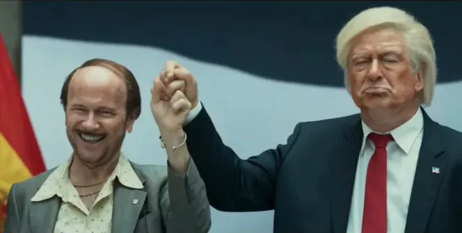 Santiago Segura as Torrente, left, holding hands with Alec Baldwin as Trump, right, in "Torrente Presidente."